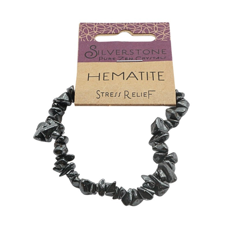 Hematite bracelet on a Silverstone packaging with 'Stress Relief' text