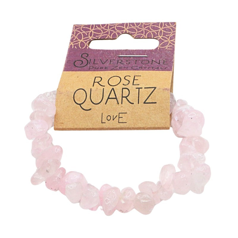 Rose Quartz bracelet on a white background with 'Silverstone' packaging.