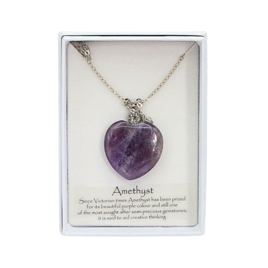 purple heart shaped amethyst crystal necklace in white box