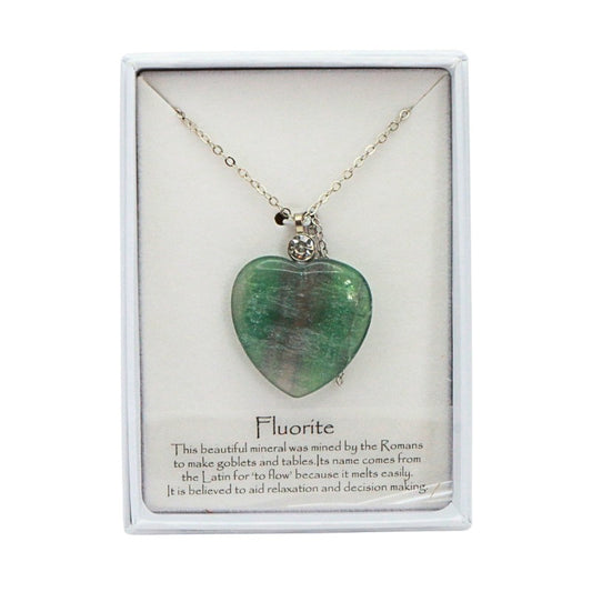 heart shaped Fluorite crystal necklace in white box
