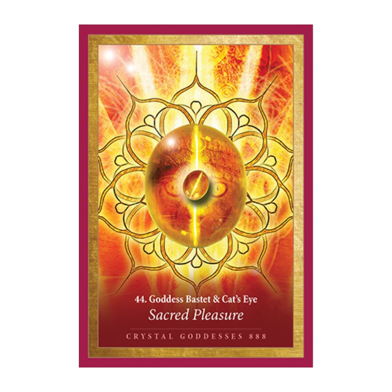 Card with a central gold sphere and intricate design on a red and gold border, featuring text '44. Goddess Bastet & Cat's Eye Sacred Pleasure'.