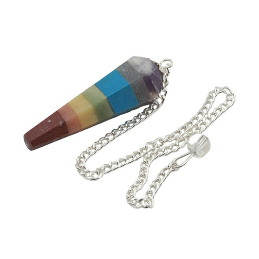 Colourful crystal pendulum with a silver chain on a white background