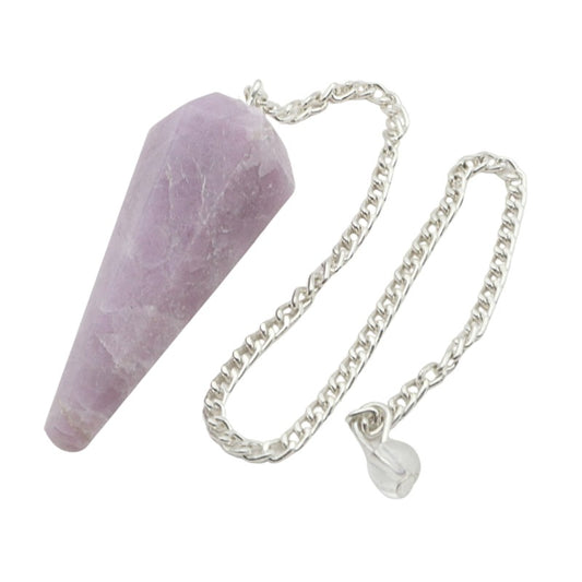 Purple Lepidolite crystal pendulum on a white background