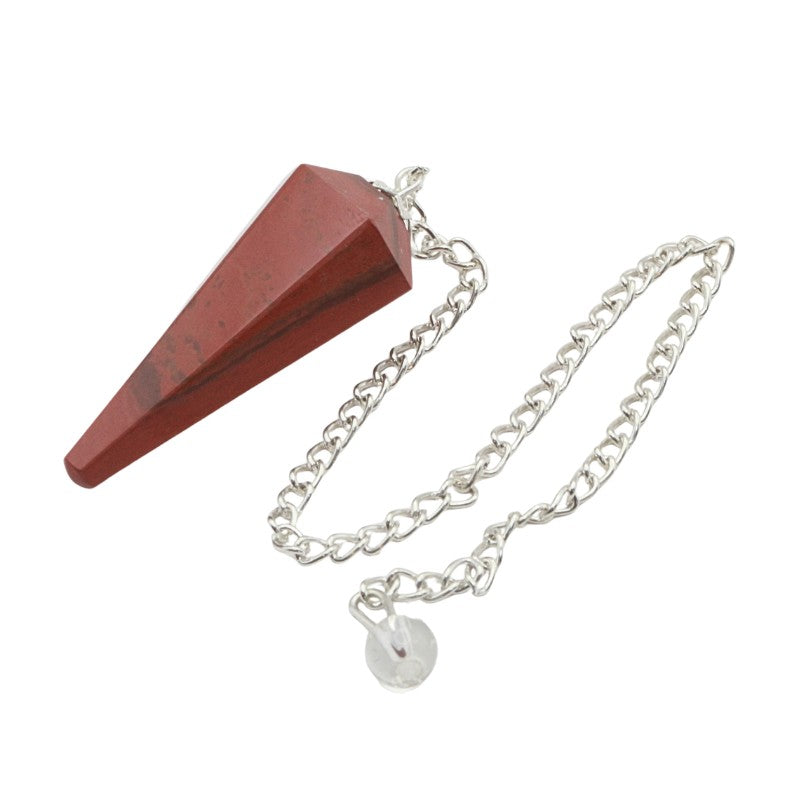 Red Jasper pendulum on a silver chain with a round pendant against a white background