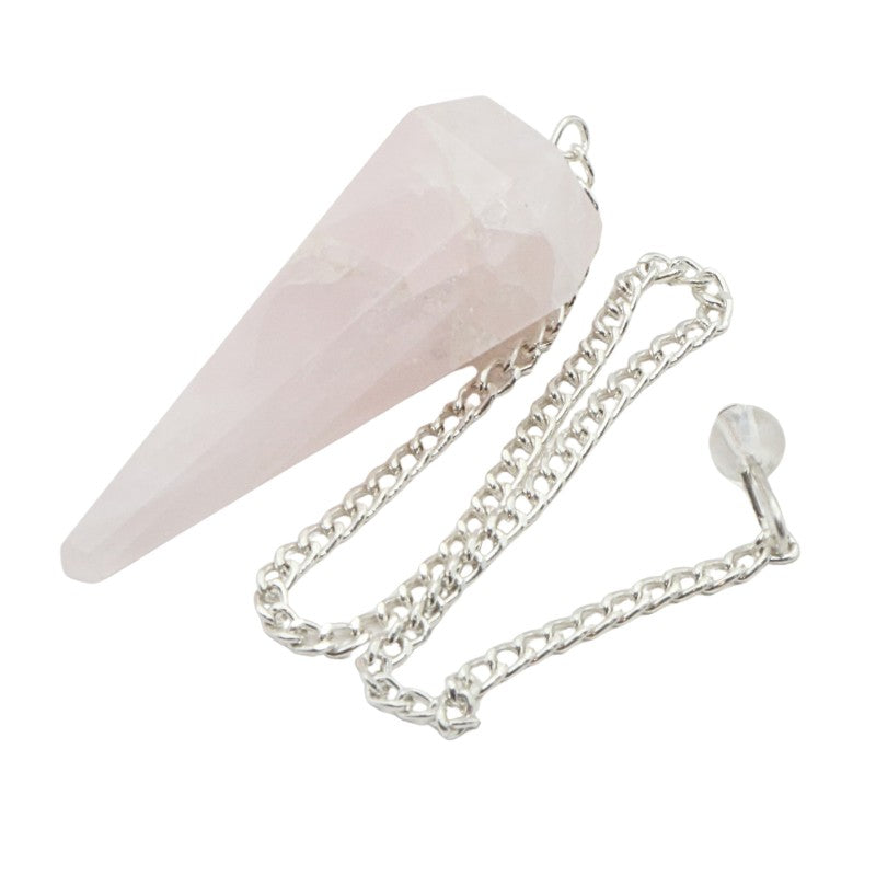 Rose Quartz Crystal pendulum with chain on a white background