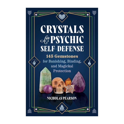 Book cover of 'Crystals for Psychic Self-Defense' with gemstones and a skull on a blue background