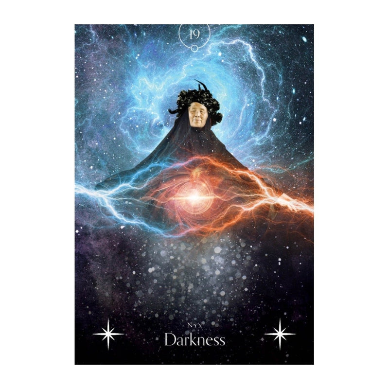 An Oracle card titled 'The Darkness' (Number 19) featuring a dark, mystical figure in a black cloak surrounded by swirling blue and orange cosmic energy against a starry space background.