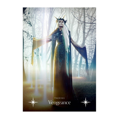 A card featuring a dark fantasy scene of a horned woman in a long gown standing in a misty forest with beams of light. The text 'ERINYES Vengeance' appears at the bottom, with starburst graphics on either side.