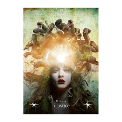 A  card featuring Medusa with snakes forming her hair, a bright glowing light at the forehead, and the text 'MEDUSA Injustice' on a distressed greenish background.