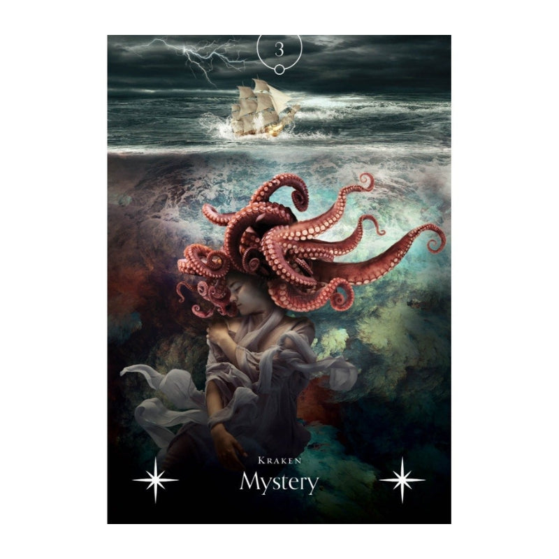 A  card cover titled 'Kraken Mystery' shows a dramatic seascape with a stormy sea, a sailing ship, and a woman whose head is replaced by a large red octopus. The word 'Kraken' and the word 'Mystery' are printed at the bottom.