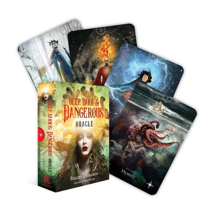 Deep Dark & Dangerous Oracle card deck box with three illustrated cards fanned behind it on a plain white background. The box shows fantasy artwork and the title 'Deep Dark & Dangerous Oracle' by Stacey Delmarco.