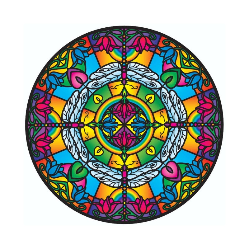 colourful stickers showing a mandala of flowers and dragonflies