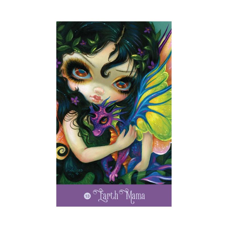 Earth Mama oracle card with an image of a dark haired pixie and purple and blue dragon