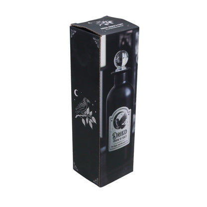 Black packaging box with a bottle design featuring a label on a white background