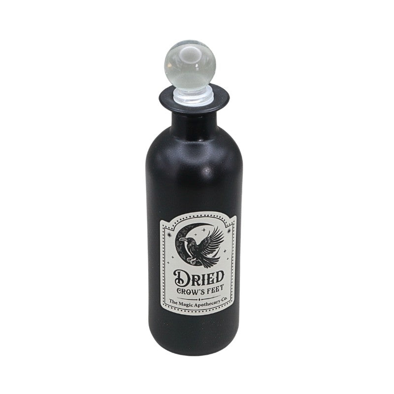 Black bottle labeled 'Dried Crow's Feet' on a white background