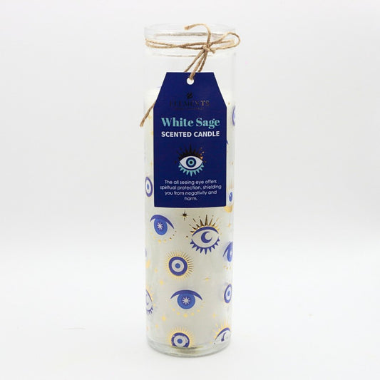 white candle in glass jar with the all seeing eye printed on it