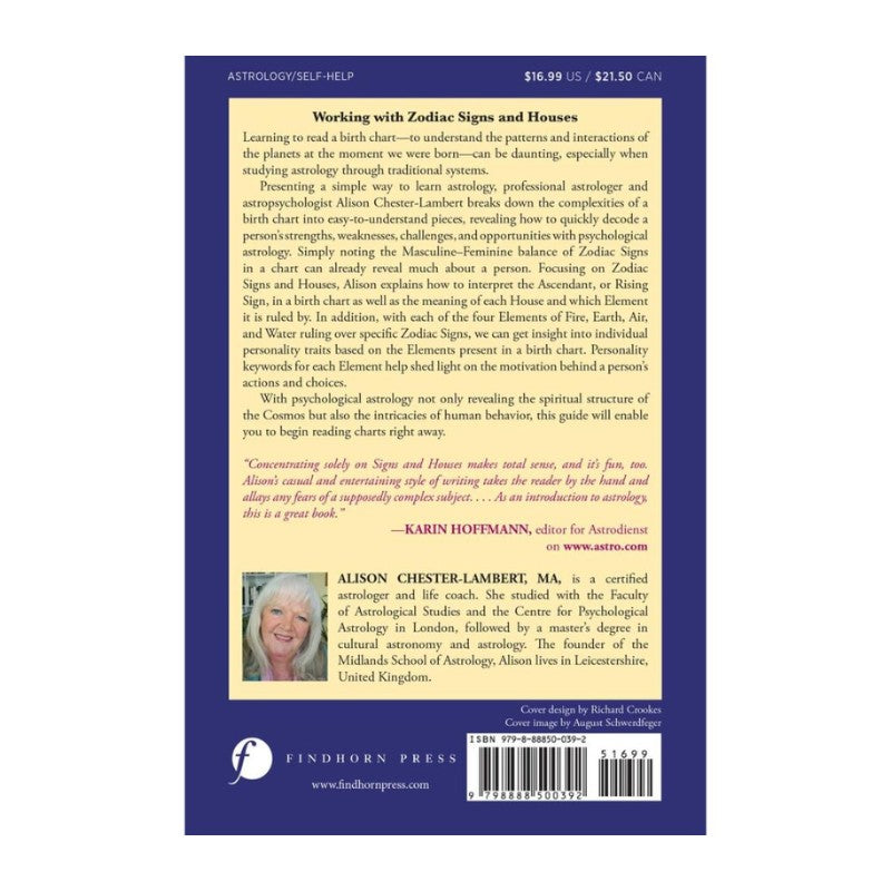 Back cover of a printed guide or booklet titled 'Astrology Self-Help: Working with Zodiac Signs and Houses' by Alison Chester Lambert, featuring a dark blue lower section, cream text panels, a small portrait photo, and a barcode.