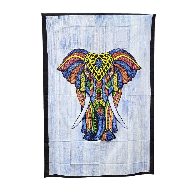 Colorful elephant tapestry with intricate patterns on a white background