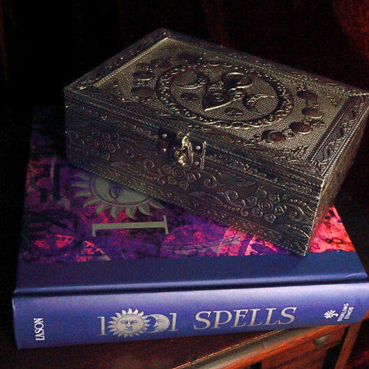 Embossed Metal Tarot Box- Goddess on top of a book of spells