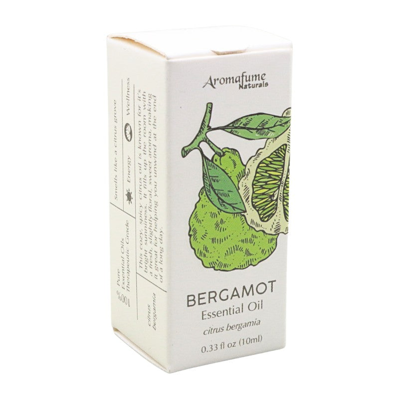 AromaFume Naturals Bergamot Essential Oil box, featuring a white packaging design with a green and yellow illustration of a bergamot fruit and leaves.