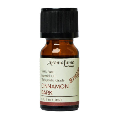 A small amber glass bottle of Aromafume Naturals Cinnamon Bark essential oil with a black cap and cream label, shown on a plain white background.