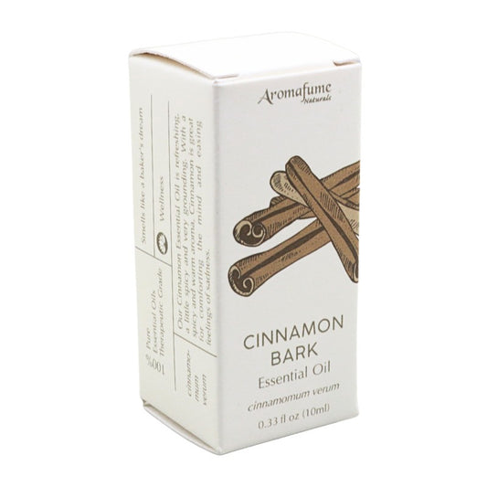 A box of Aromafume Naturals Cinnamon Bark Essential Oil, featuring a white box with brown cinnamon sticks printed on the front and side.