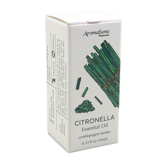 AromaFume Apotek Citronella Essential Oil box, 10ml size, featuring a white box with green illustrations of citronella leaves and text on the front and side.