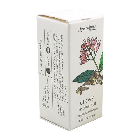 A white rectangular box of Aromafume Naturals Clove Essential Oil, featuring botanical illustrations of pink clove flowers and green leaves on the front, with product details printed on the side.