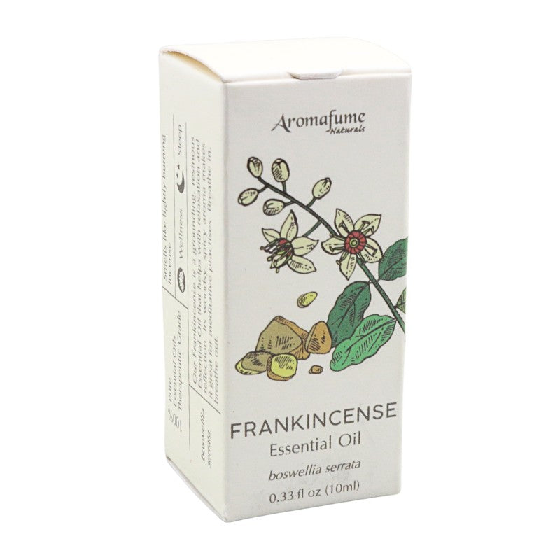 A white rectangular box of Aromafume Naturals Frankincense Essential Oil, featuring botanical illustrations of frankincense flowers, leaves, and resin pieces on the front.