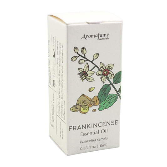 A white rectangular box of Aromafume Naturals Frankincense Essential Oil, featuring botanical illustrations of frankincense flowers, leaves, and resin pieces on the front.