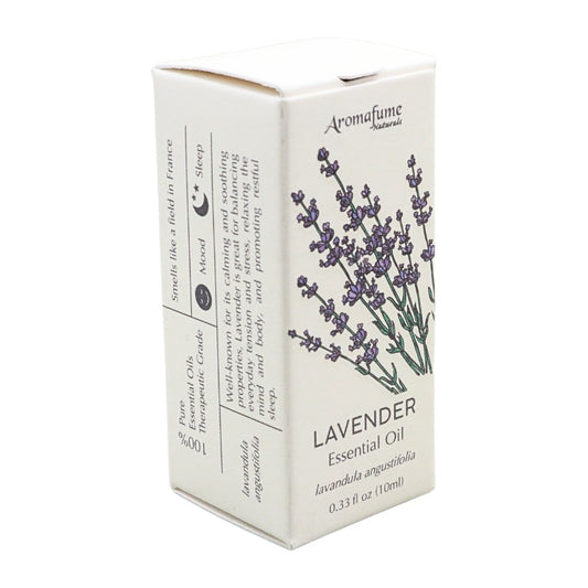 Amafume Lavender Essential Oil box, 10ml (0.33 fl oz), featuring a cream-colored packaging box with a purple lavender illustration and product details printed on the side.
