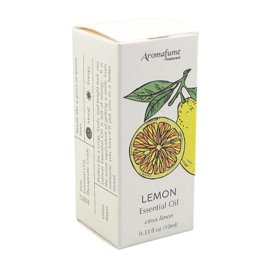 A box of Aromafume Natural Lemon Essential Oil, featuring a white packaging design with illustrations of a lemon slice, a whole lemon, and green leaves.