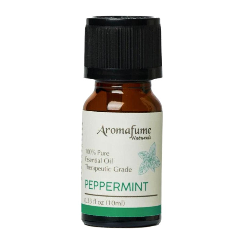 A small amber glass bottle of Aromafume Naturals Peppermint essential oil with a black ribbed cap and a white label featuring green text and a leaf graphic, set against a plain white background.
