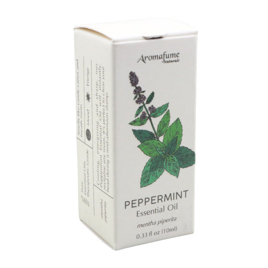 A white rectangular box of Aromafume Natural Peppermint Essential Oil with a green peppermint leaf illustration on the front, set against a plain white background.
