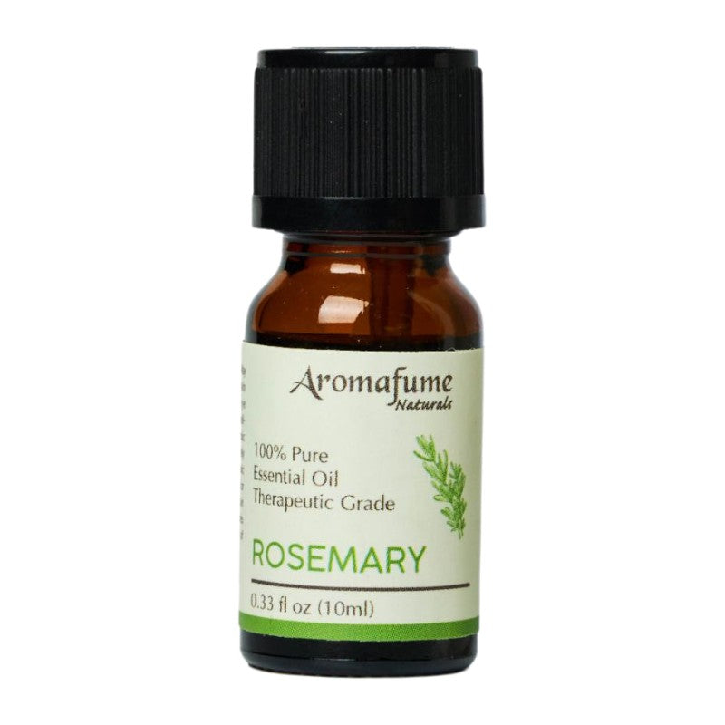 A small amber glass bottle of Aromafume Naturals Rosemary essential oil with a black ribbed cap and a cream label featuring green text and a rosemary illustration.
