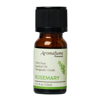 A small amber glass bottle of Aromafume Naturals Rosemary essential oil with a black ribbed cap and a cream label featuring green text and a rosemary illustration.