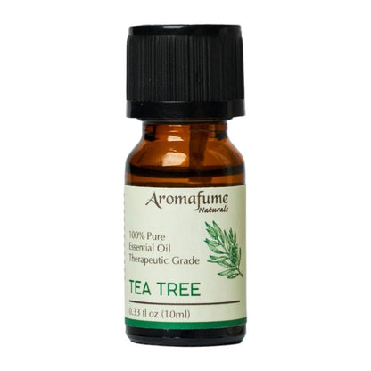 A 10ml amber glass bottle of Aromafume Naturals Tea Tree essential oil with a black cap and cream label, shown on a white background.