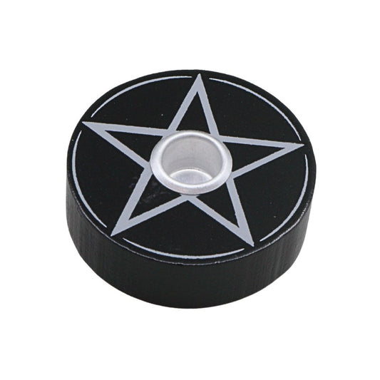 Black candle holder with a white pentagram design on a white background