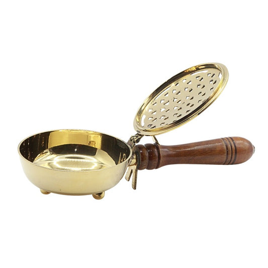 Brass charcoal burner with wooden handle
