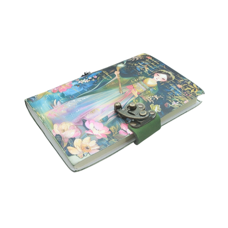 front cover of journal with locking closure and an image of a girl holding a wand and floral design, on a white background
