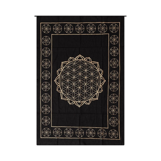 Black altar cloth with gold flower of life geometric design on a white background