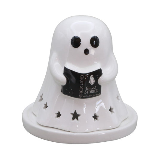 White ghost-shaped ceramic lantern with a book titled 'Ghost Stories' on a white background
