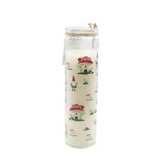 Tall glass candle with gnome illustrations on a white background