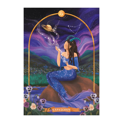  A dark-haired goddess with goat horns sits on a rock in a meadow of wildflowers, reaching upward to touch Saturn as it floats in a swirling purple and teal aurora sky. The Capricorn constellation glimmers nearby. Pansies bloom at the base of the golden arch. The Capricorn glyph crowns the arch.