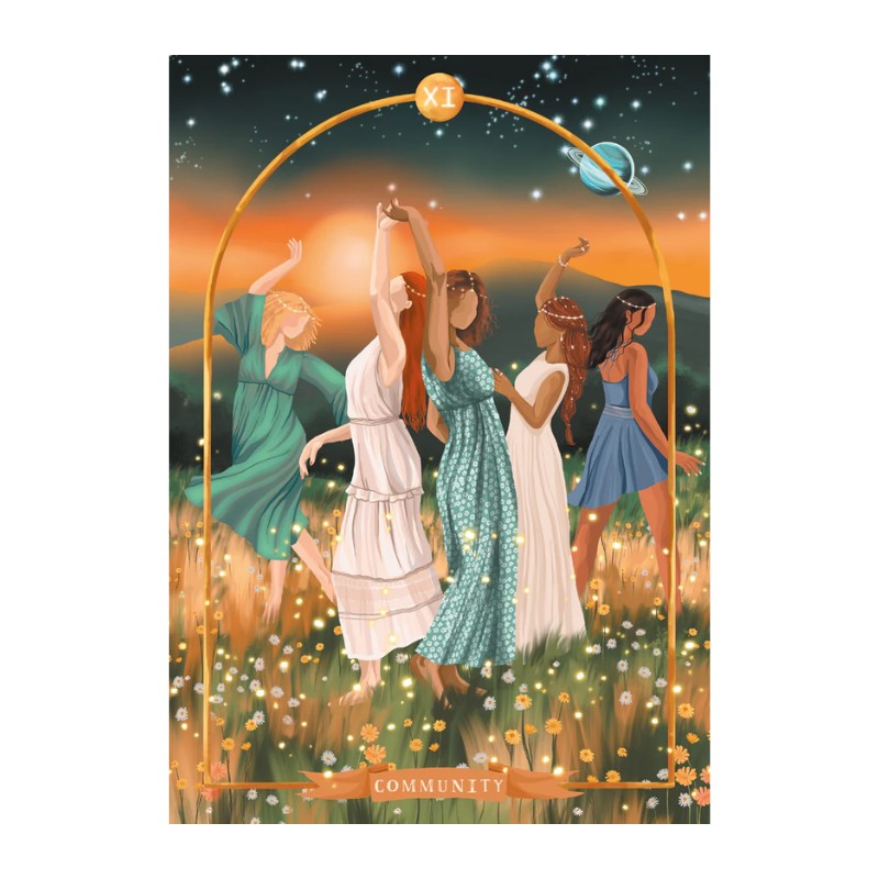  Community (XI) Four diverse goddesses in flowing dresses dance joyfully in a wildflower meadow at golden hour, reaching toward a glowing light and a ringed planet in a starlit sky. The scene radiates warmth, sisterhood, and collective magic. Roman numeral XI appears at the top of the golden arch.