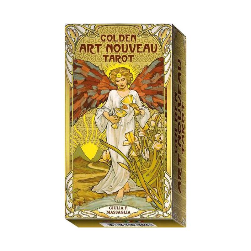 Golden Art Nouveau Tarot box featuring a white-robed angel with red wings pouring between two golden cups, surrounded by floral artwork and ornate gold borders.