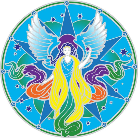 -Sunseal Guardian Angel Mandala window sticker- showing a colourful angel on a blue background