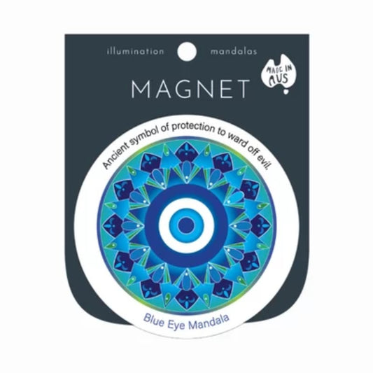 refrigerator magnet with a blue eye mandala on front