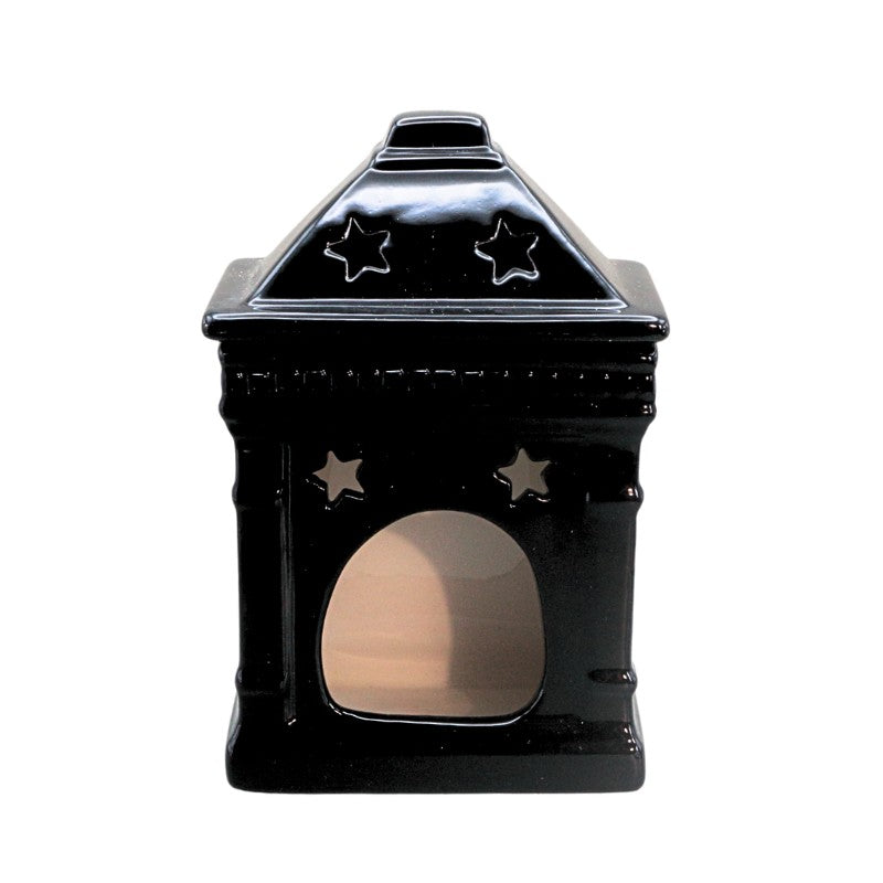 black ceramic oil burner in the shape of a building 