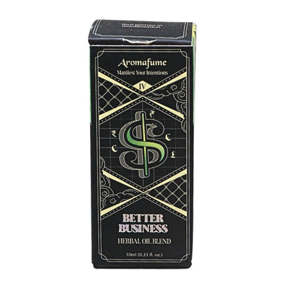 A rectangular black box for Aromafume Better Business Herbal Oil Blend, featuring a green dollar sign with gold decorative borders on a white background.